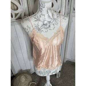 Vintage 1980s DEl Rio Peach Orange Lingerie Tank Satin & Lace Small / Medium